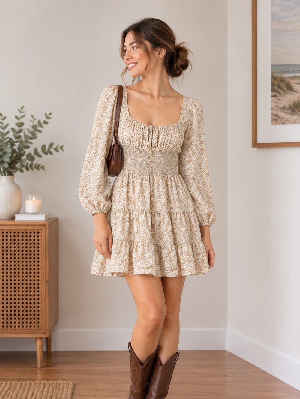 Princess Polly Cream Floral Long Sleeve Smocked Mini Dress